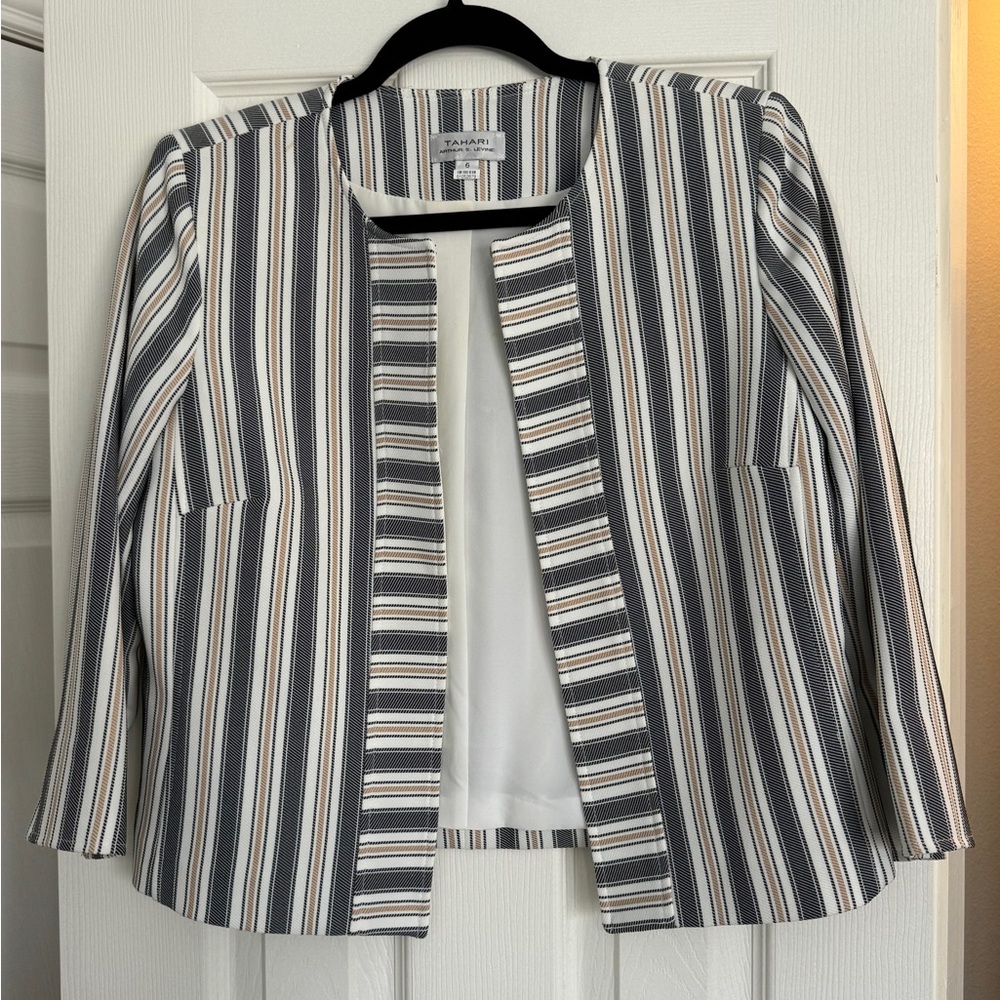 Gray and Black Striped Blazer with Three-Quarter Sleeves